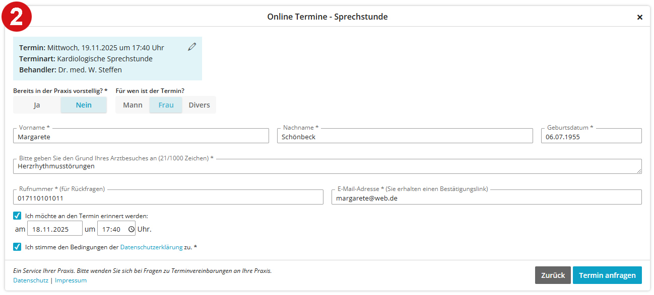 termin-buchen-zweites-fenster Online Termine buchen für die Arztpraxis von Dr. med. Steffen und Dr. med. Ecke in Rottweil